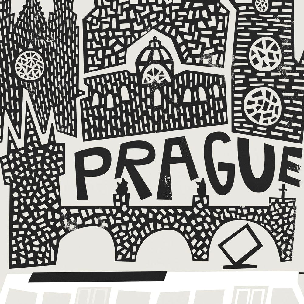 Close-up view of the Prague illustration highlighting intricate architectural linework of Charles Bridge and spires, paired with a stylised tram below.