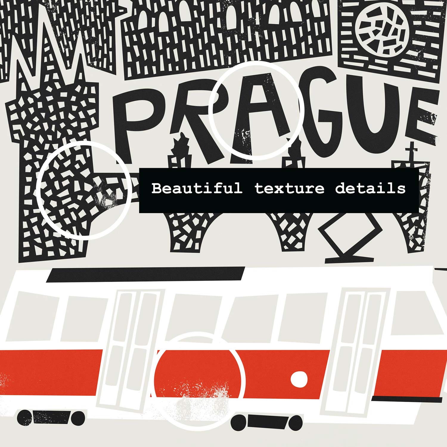Close-up view of the Prague illustration highlighting intricate architectural linework of Charles Bridge and spires, paired with a stylised tram below.