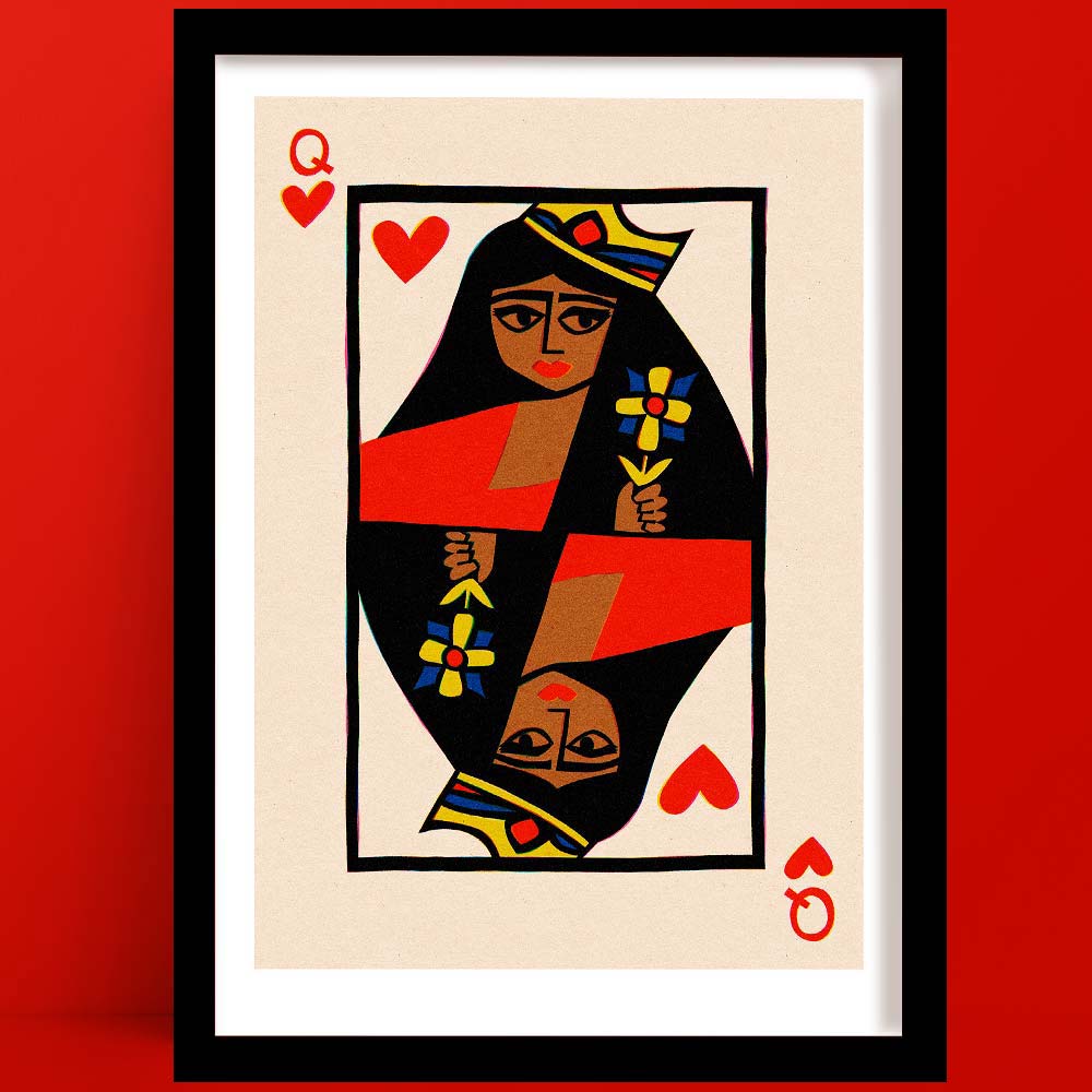 Bold Queen of Hearts print in mid-century playing card style, framed on red wall