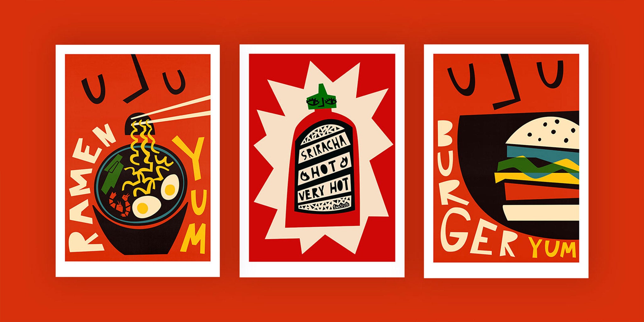 A bold trio of modern food illustrations featuring a ramen bowl, sriracha bottle, and burger design in vivid red and yellow tones.