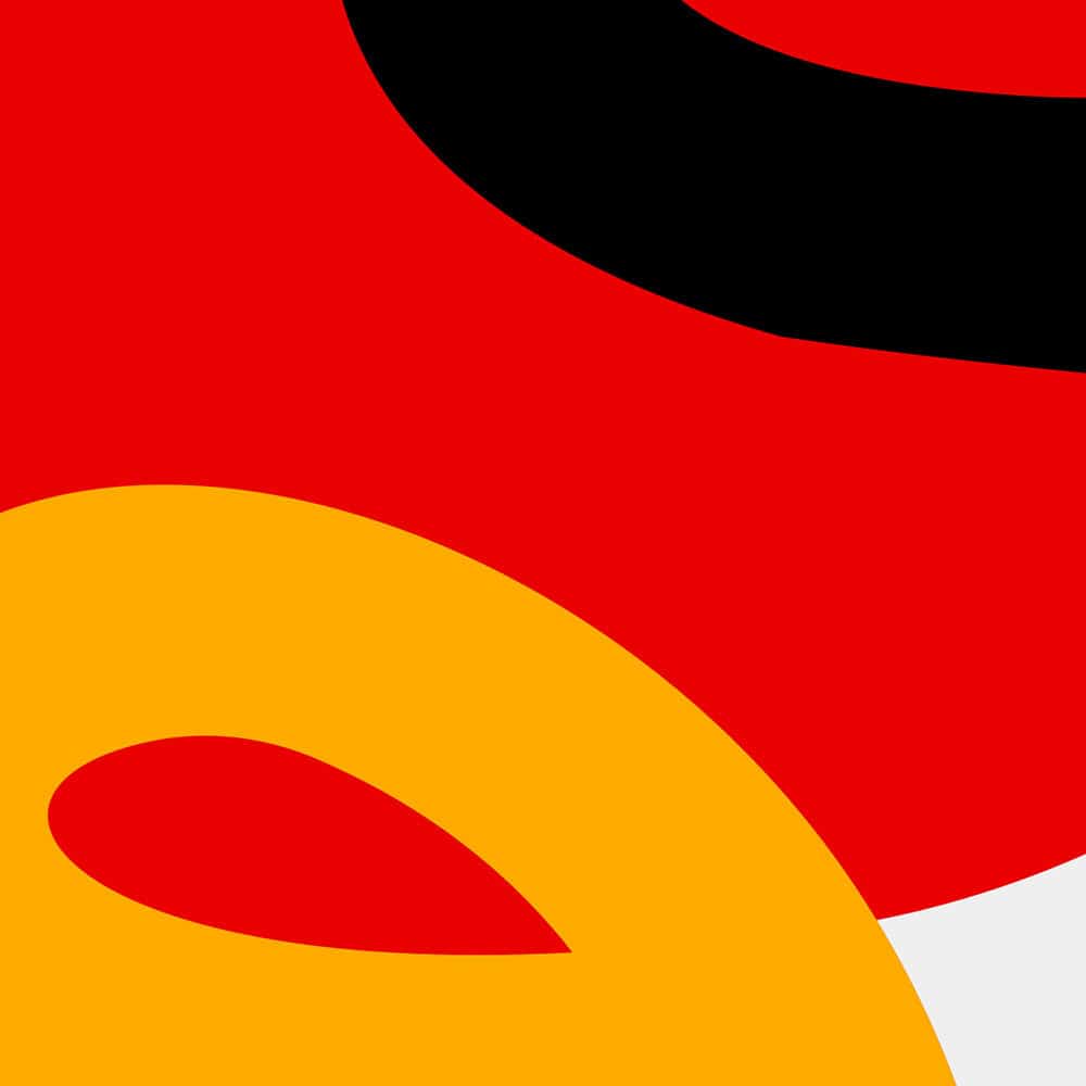 Close-up of curving black linework and bold yellow shape on red background