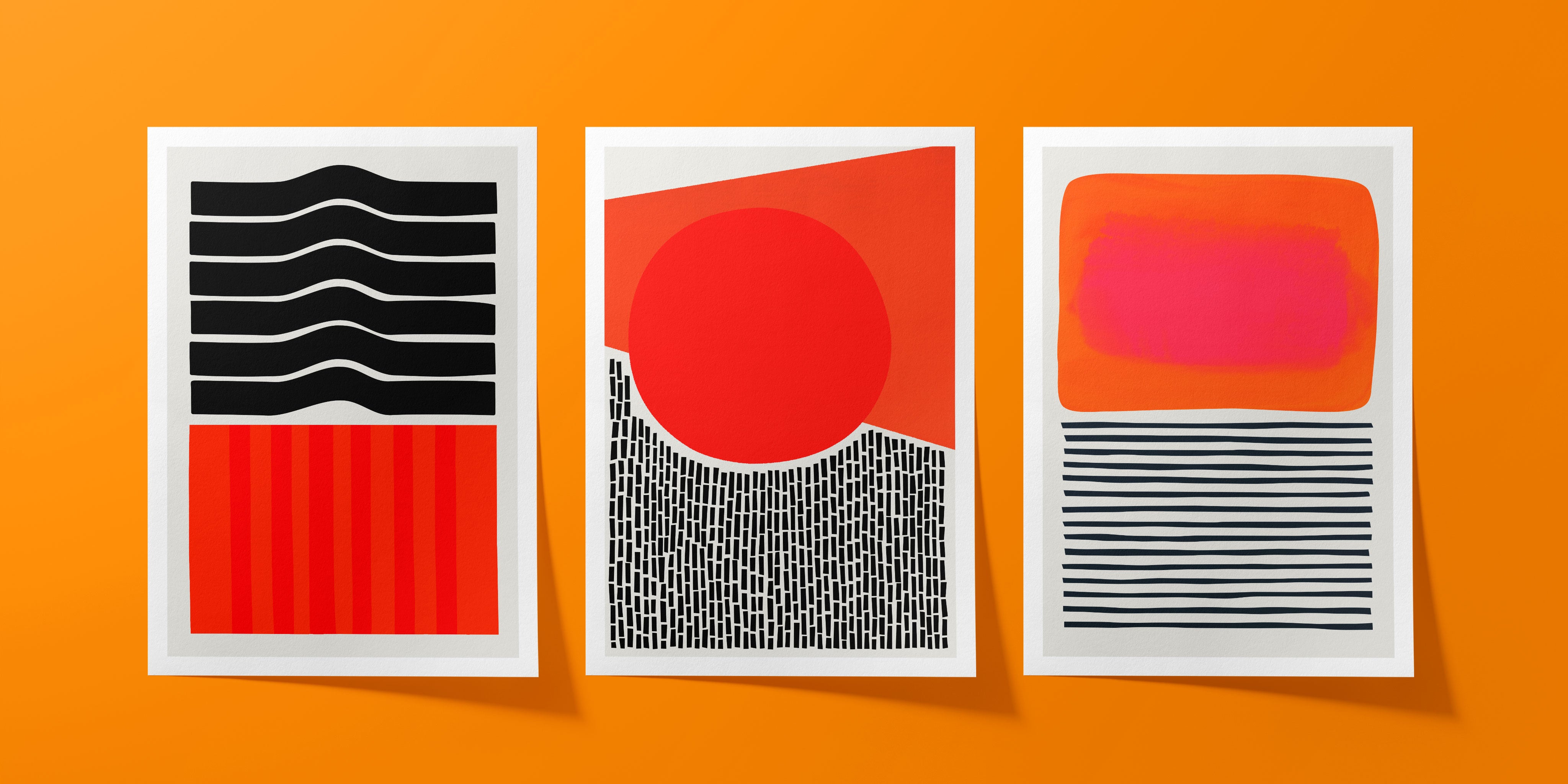 A bold and modern abstract art set featuring graphic black lines, warm red shapes, and a vivid orange-pink gradient, all set against crisp white backgrounds.