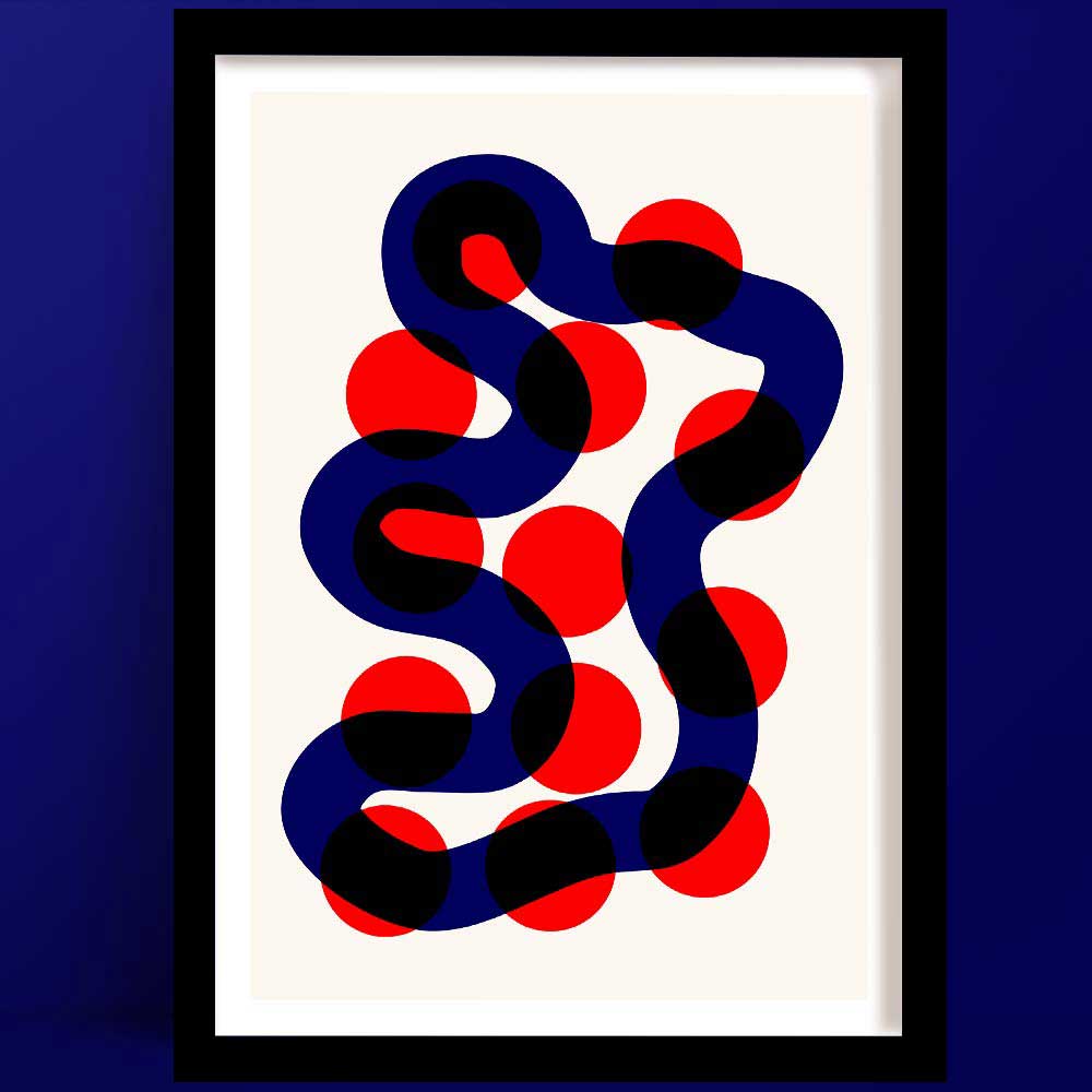 A striking abstract art print titled River Walk featuring deep navy blue serpentine curves weaving through bold crimson red circles on a warm white background.