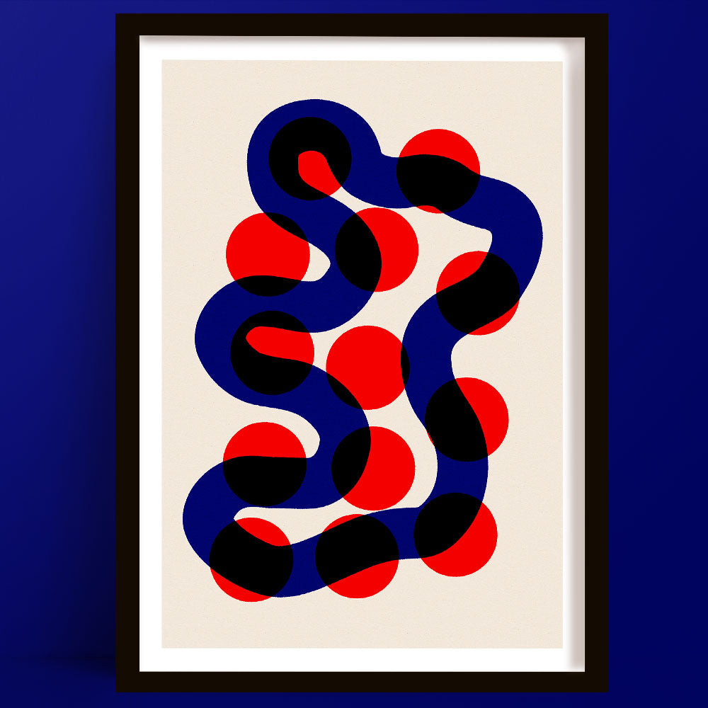 A striking abstract art print titled River Walk featuring deep navy blue serpentine curves weaving through bold crimson red circles on a warm white background.