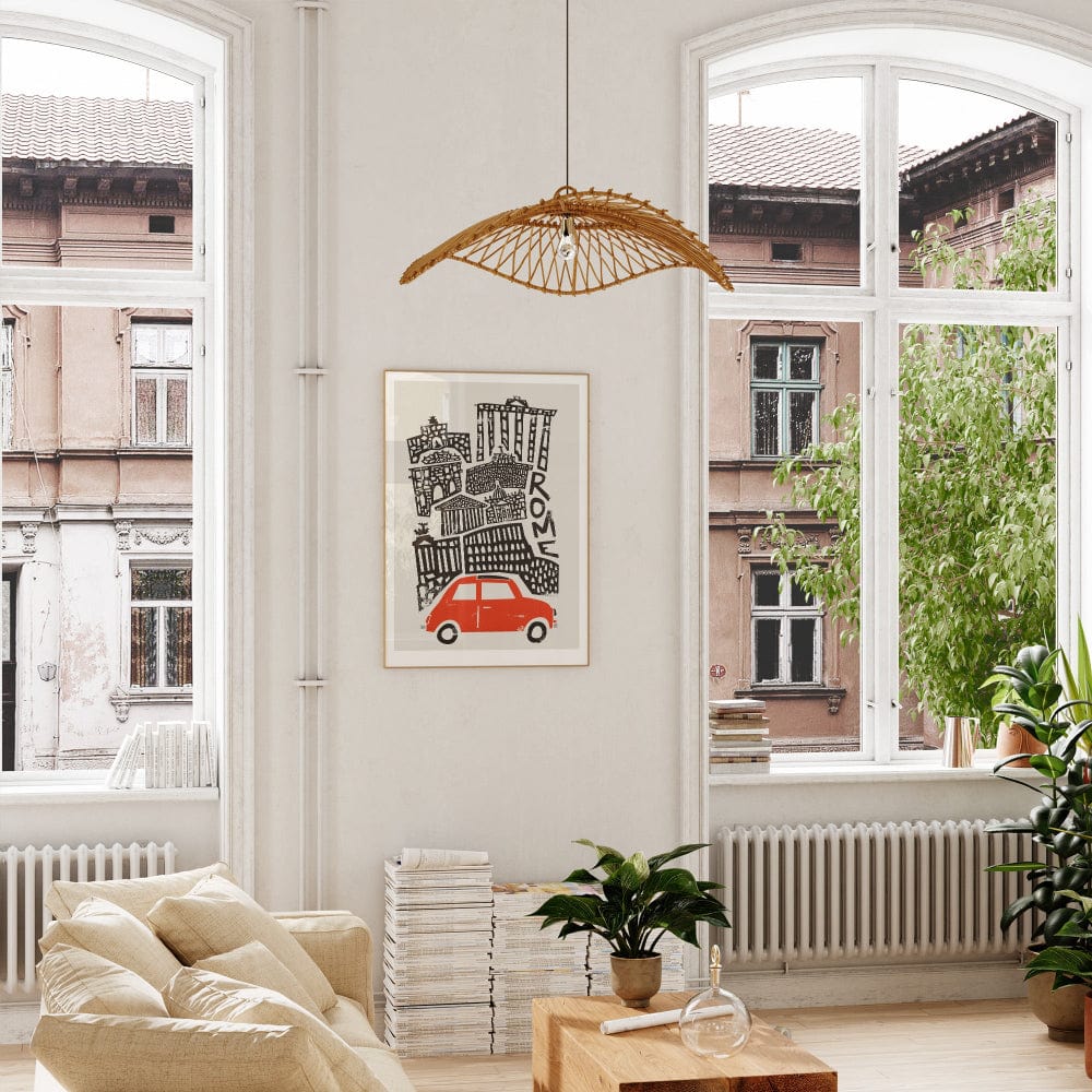 Rome city art displayed in a bright, stylish living space, its playful contrast of old-world structures and classic car energising the neutral decor.