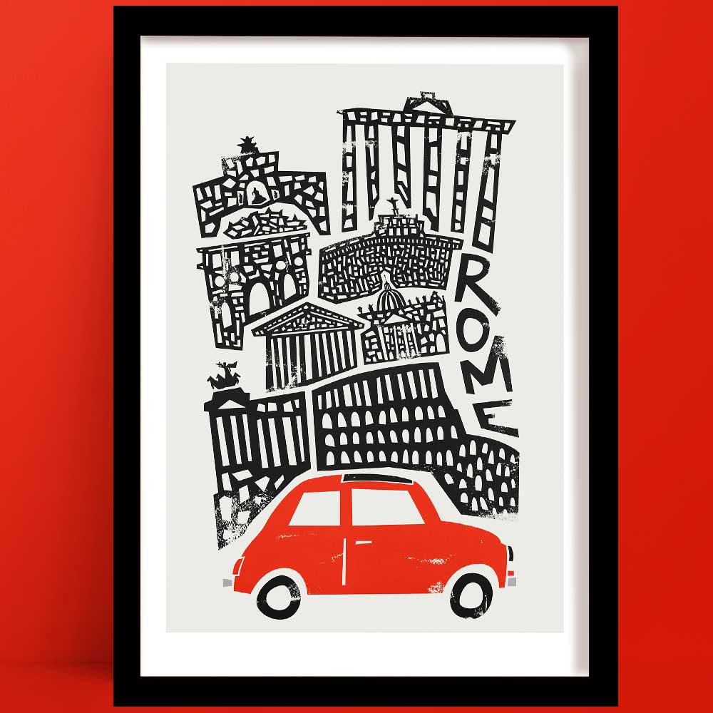 A Rome print featuring a bold black-and-white illustration of it's iconic architecture, from the Pantheon to the Colosseum, grounded by a bright red vintage car on a white backdrop.