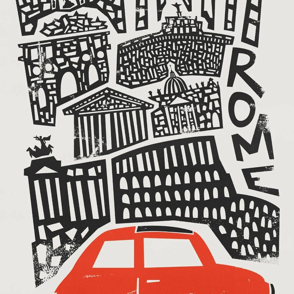 Close-up view of the Rome print focusing on the vivid red retro car and detailed linework of ancient Roman buildings and columns.