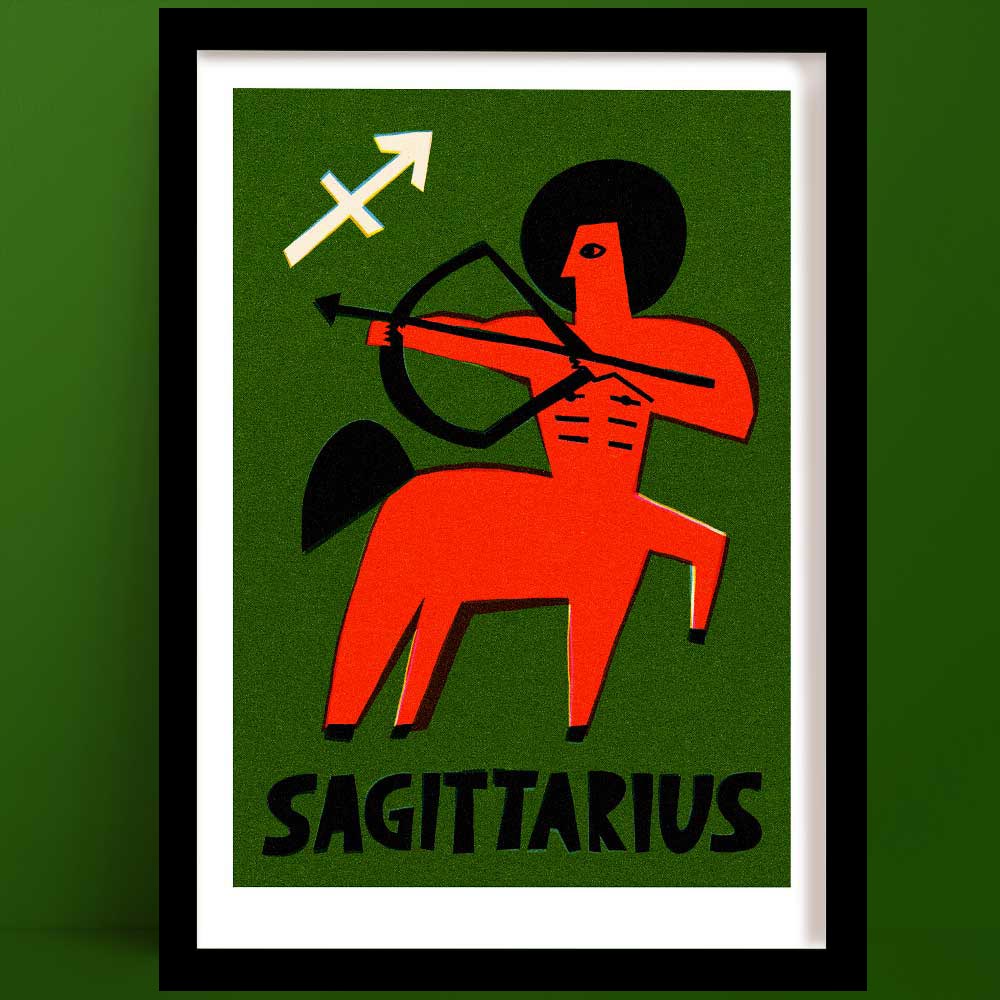 Sagittarius print featuring a red centaur archer and white zodiac symbol, framed on deep green background.