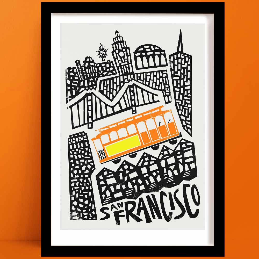 A San-Francisco print featuring a striking black-and-white line illustration of iconic architecture, crowned by a vivid orange and yellow tram, with bold “San Francisco” text anchoring the base.