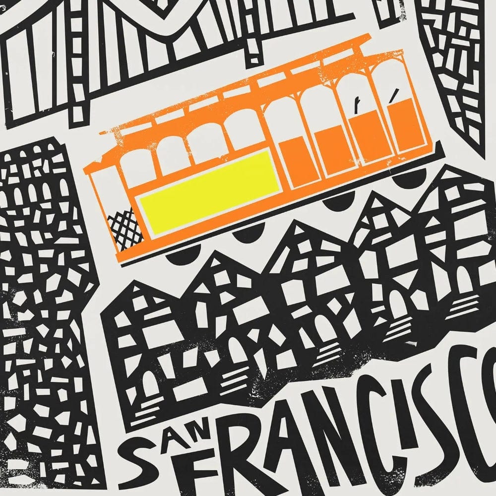 A detailed view highlighting the classic San Francisco tram in warm orange and yellow tones, set against a textured backdrop of stylised Victorian houses.