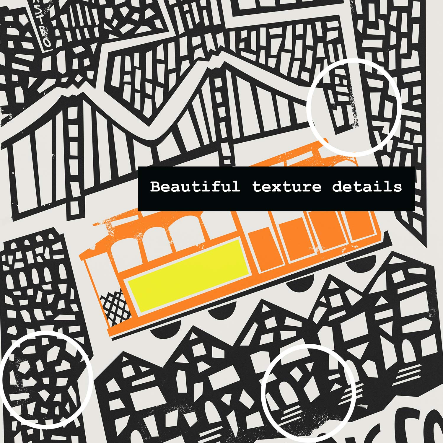 A detailed view highlighting the classic San Francisco tram in warm orange and yellow tones, set against a textured backdrop of stylised Victorian houses.