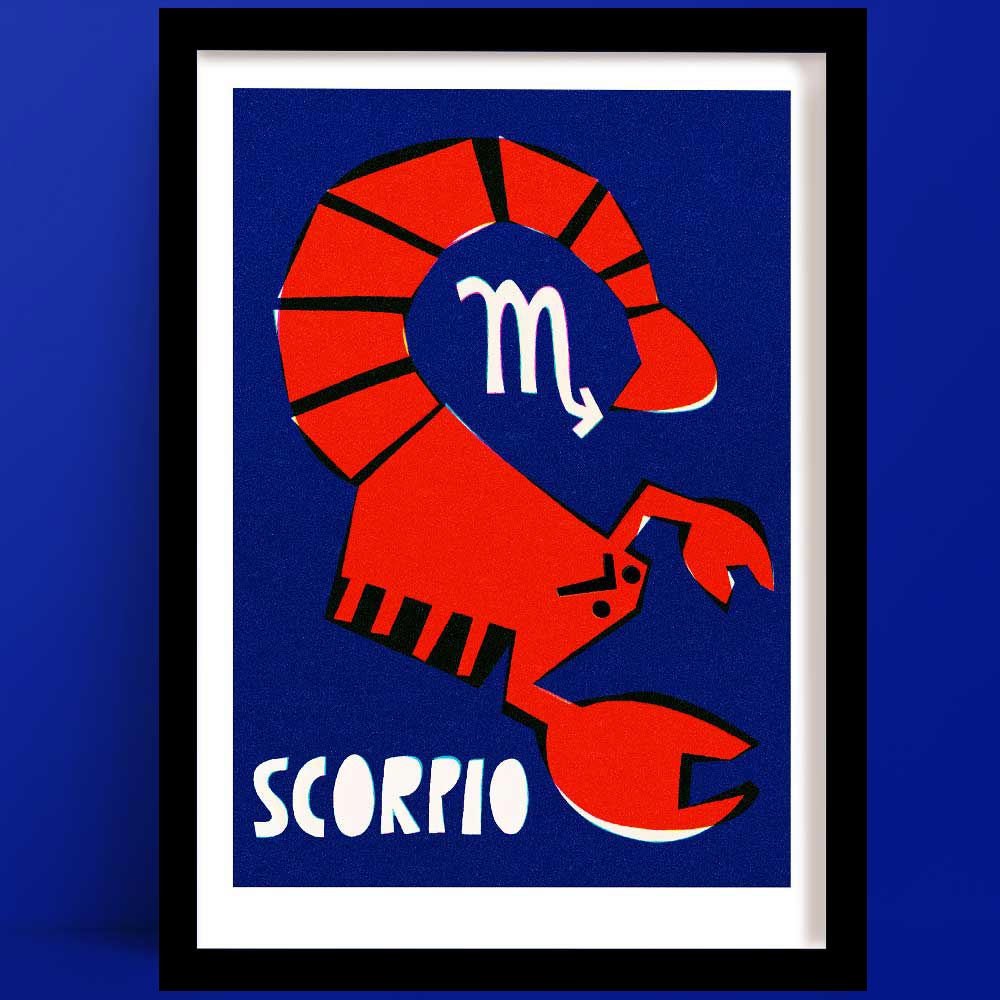 Scorpio print featuring a red stylised scorpion with curved tail and zodiac symbol, framed on deep blue wall.