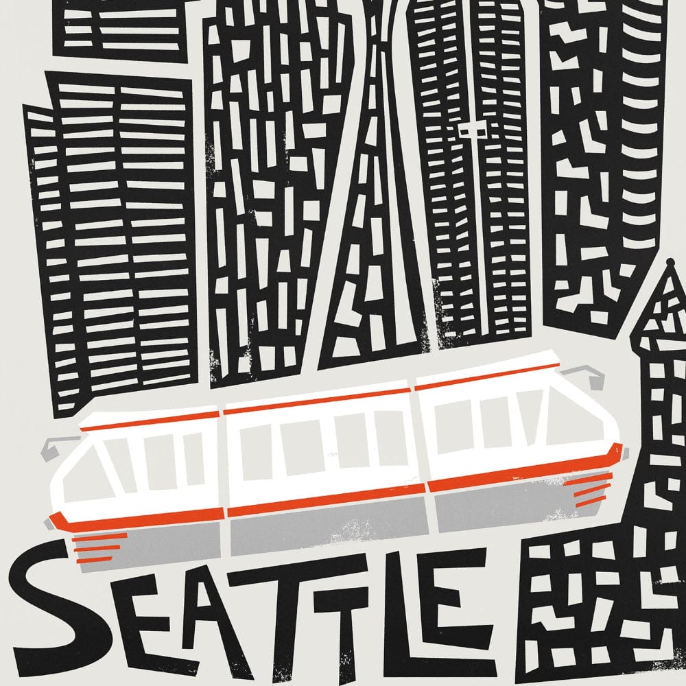 Zoomed-in detail of the Seattle print highlighting the vintage-style monorail in soft red, cutting beneath a stylised skyline and hand-lettered city name.