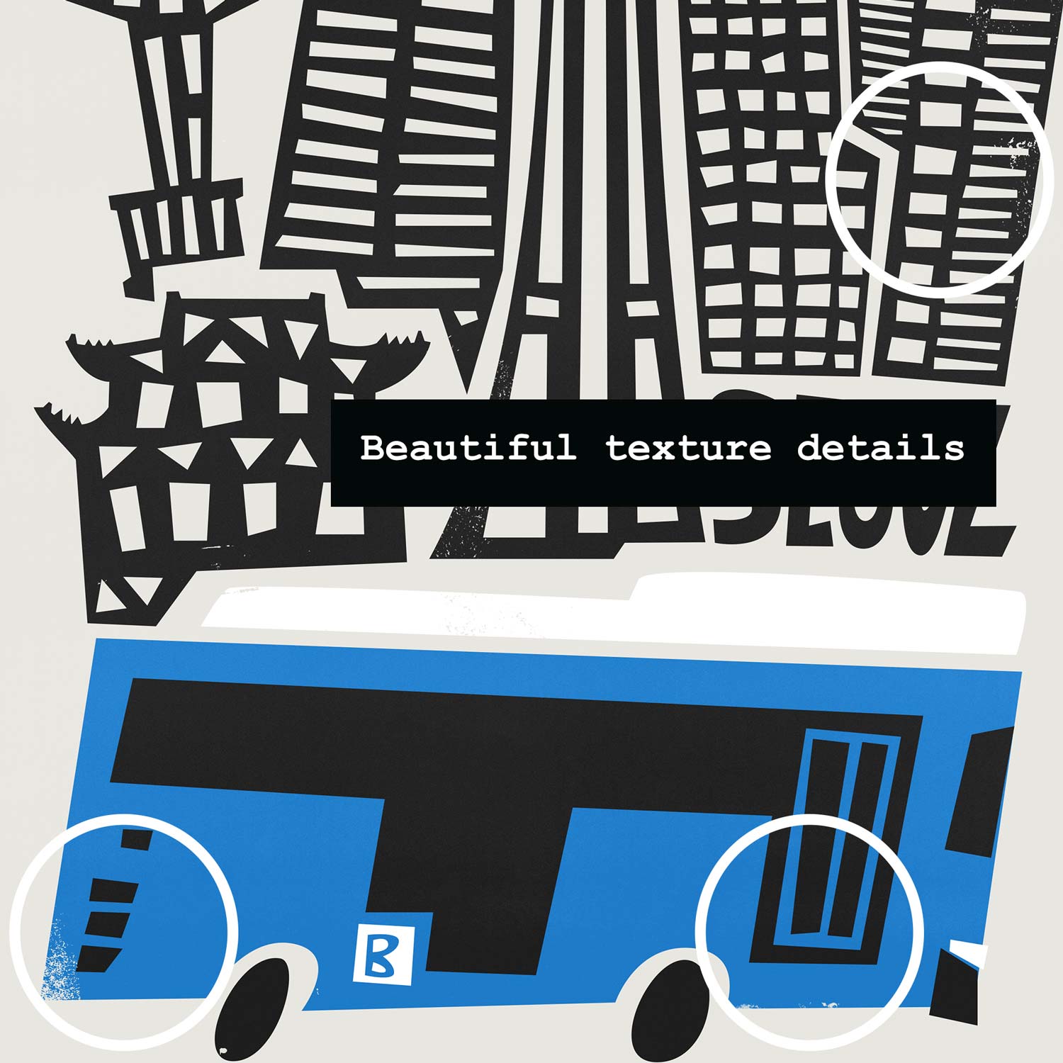 Close-up of Seoul city print showing abstract skyline shapes and the graphic blue bus with bold contrast.