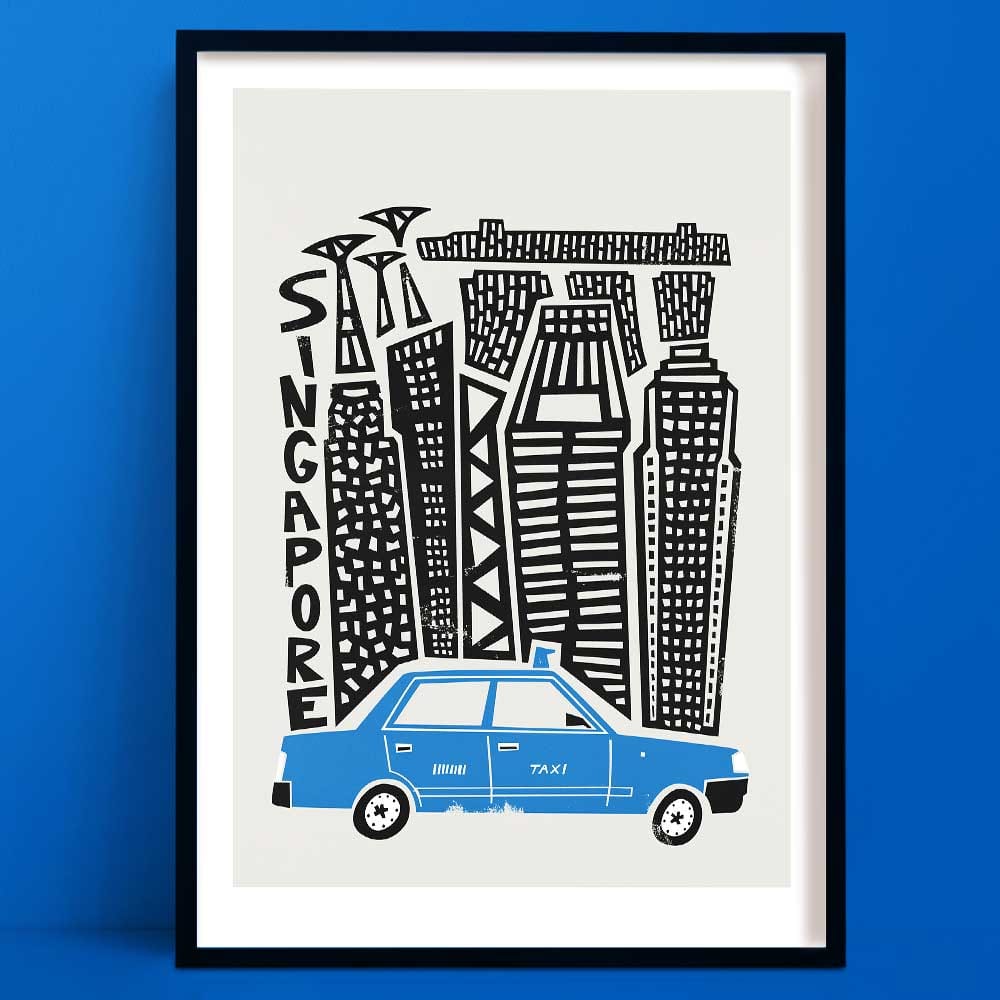 A Singapore print with a bold black-and-white line drawing of Singapore’s skyline, with a classic blue taxi parked in the foreground.