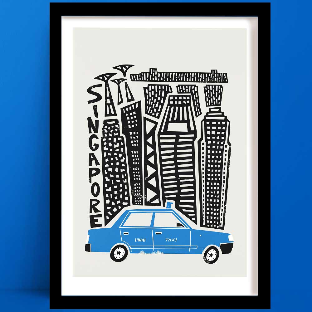 A Singapore print with a bold black-and-white line drawing of Singapore’s skyline, with a classic blue taxi parked in the foreground.