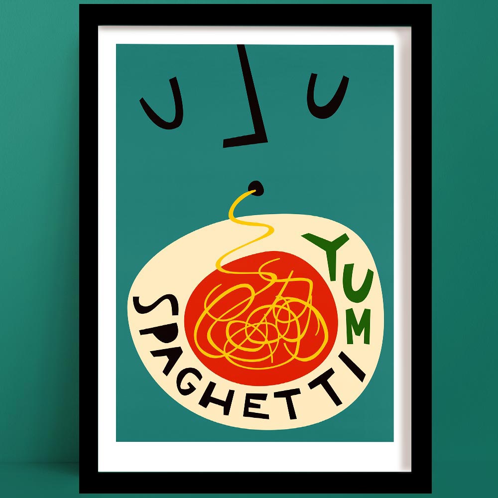 A spaghetti print in a playful style with a person slurping up spaghetti, with stylised facial features above a bold plate of tangled noodles and the word “YUM.”