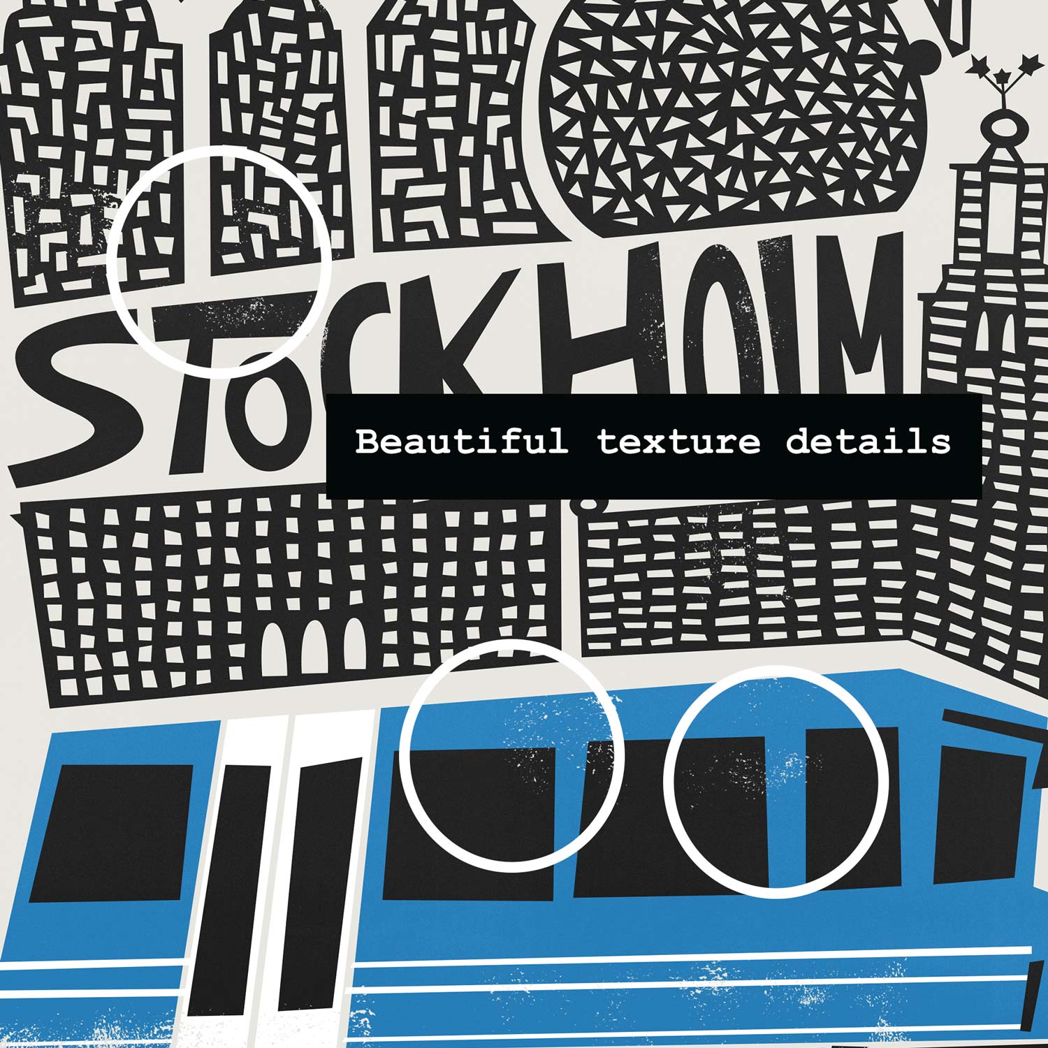 A close-up of the Stockholm poster showing the intricate architectural drawing and expressive lettering spelling “Stockholm.”
