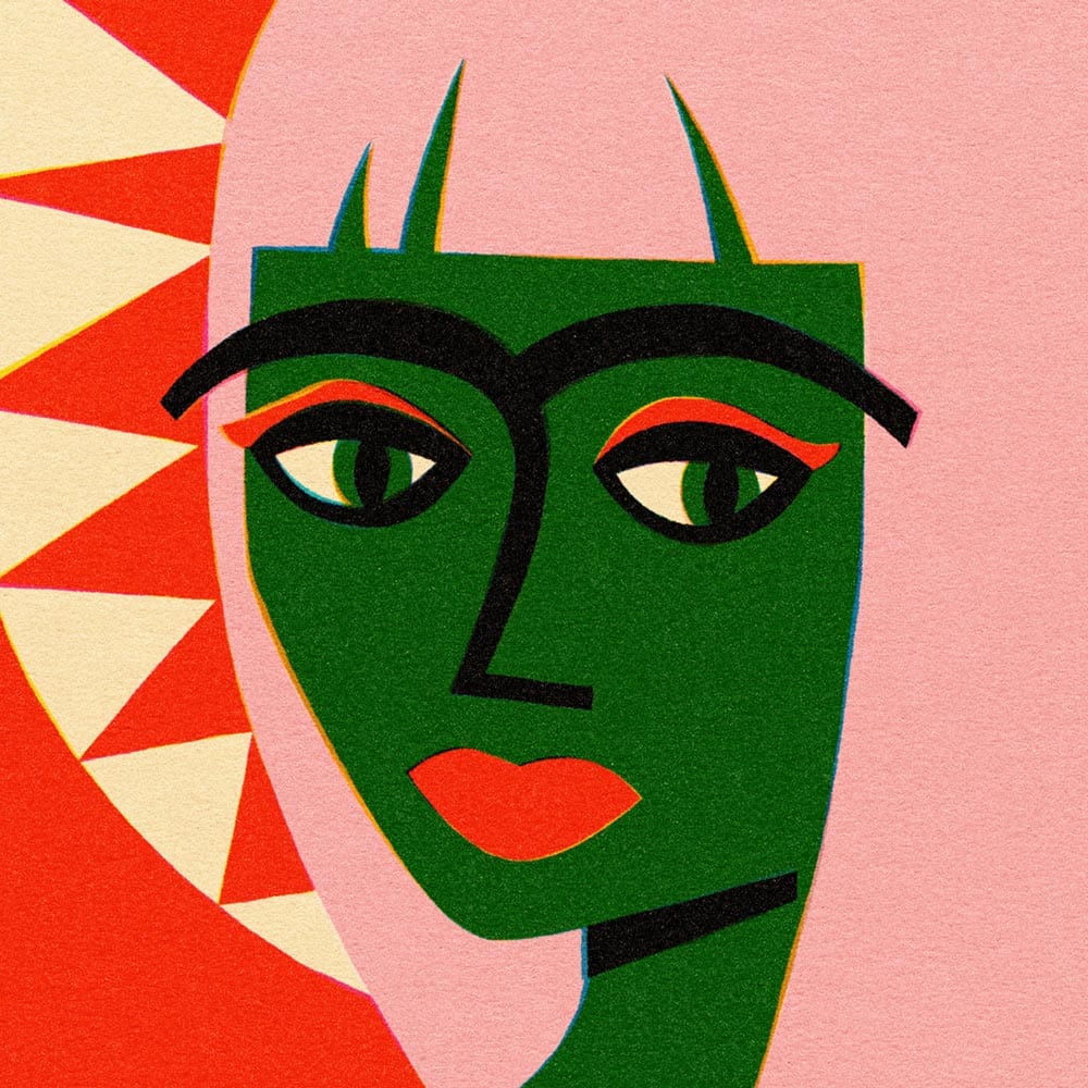 Close-up of stylised portrait with green face, pink hair and radiating halo in geometric triangles