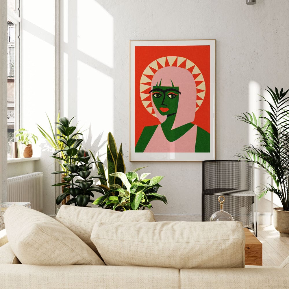 Sun halo portrait framed above cream sofa, styled with lush indoor plants and natural light