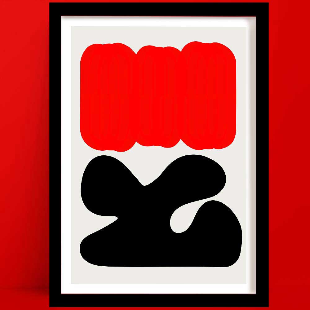 A sundown abstract wall art piece is a minimalist abstract art print featuring a rich red organic cloud shape hovering above a bold black form, evoking the drama of a setting sun on the horizon.