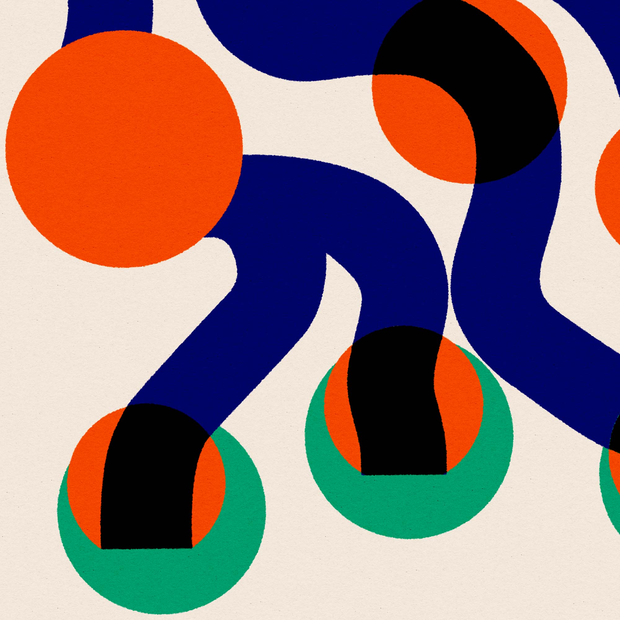 Close-up detail of Surfin Waves showcasing the overlapping layers of deep blue swirls and graphic circles in orange and sea green, evoking movement and coastal vibes.