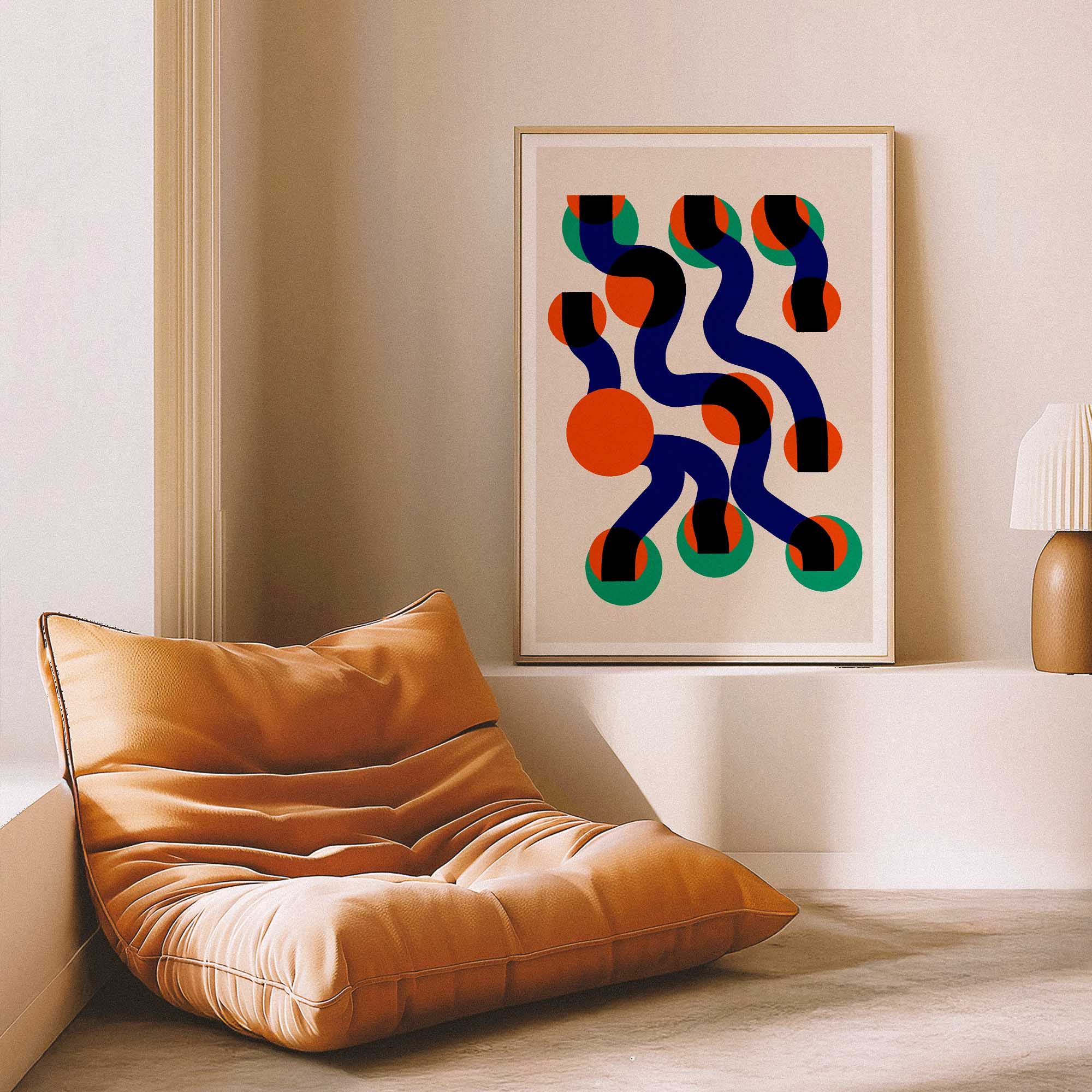 Surfin Waves art print hanging above a neutral-toned sofa, its abstract pattern bringing bold visual interest and playful retro-modern flair to the room.