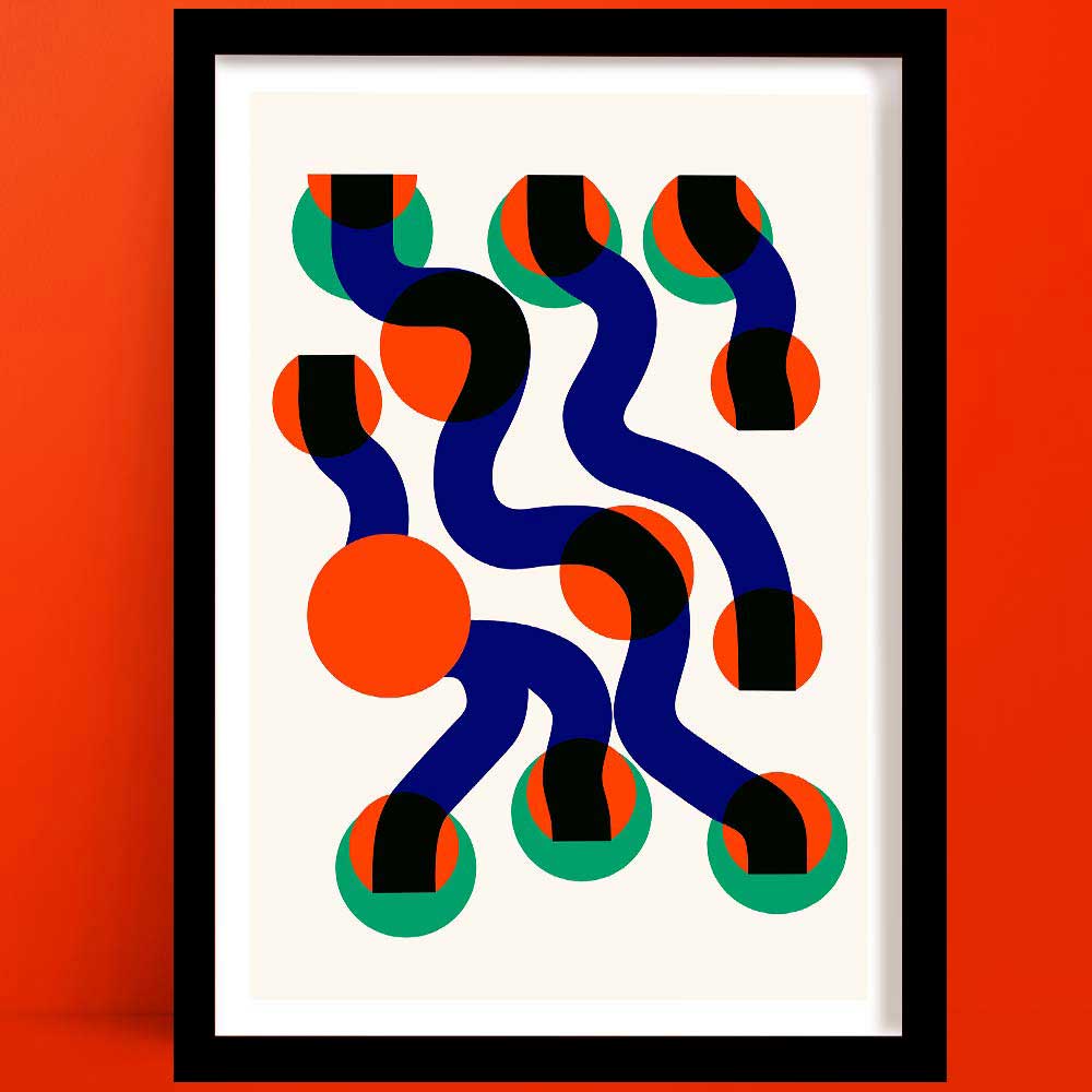 A Surfing Waves Abstract Art print featuring undulating navy curves interlaced with vibrant orange and green halftone circles on a cream base.