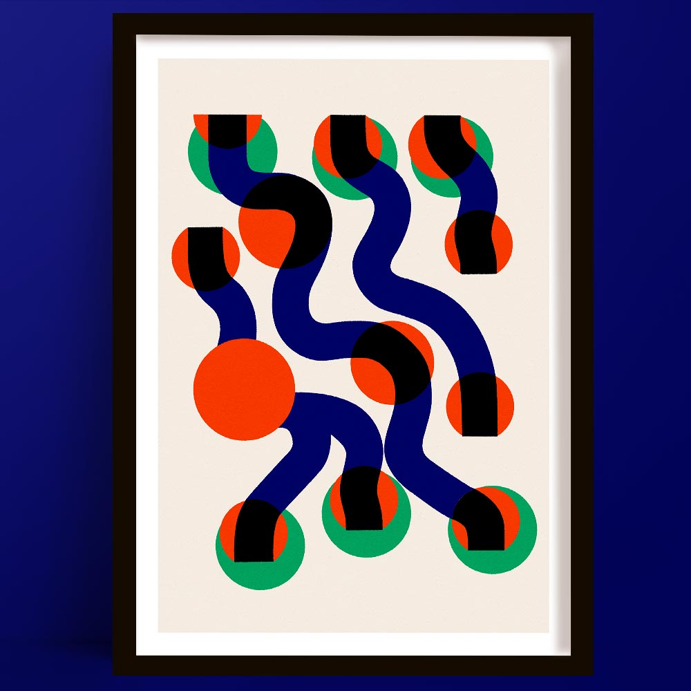 A Surfing Waves Abstract Art print featuring undulating navy curves interlaced with vibrant orange and green halftone circles on a cream base.