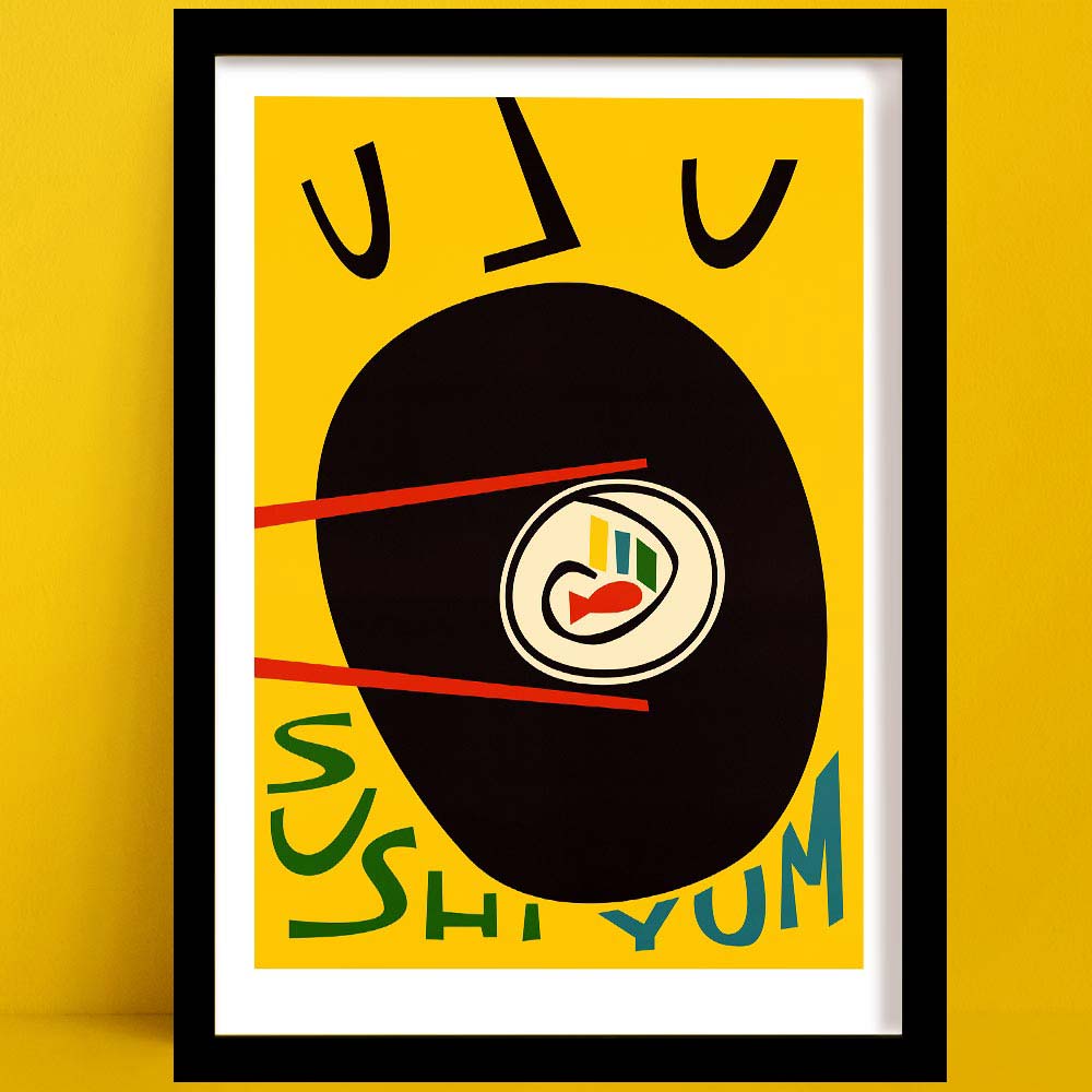 A sushi print featuring a bold graphic design of a person joyfully eating sushi, with expressive facial lines and oversized red chopsticks lifting a perfect sushi roll.