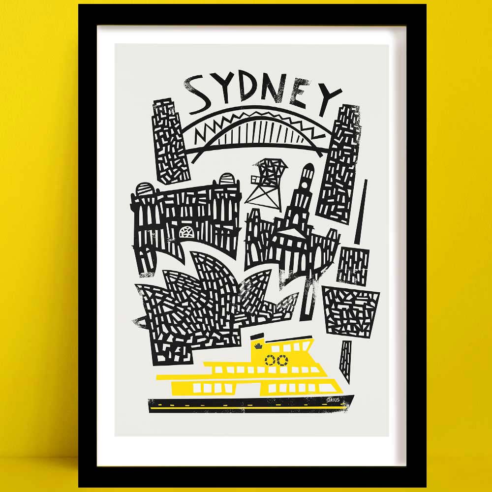 Sydney print — bold mid-century illustration of Harbour Bridge and Opera House by Fox & Velvet