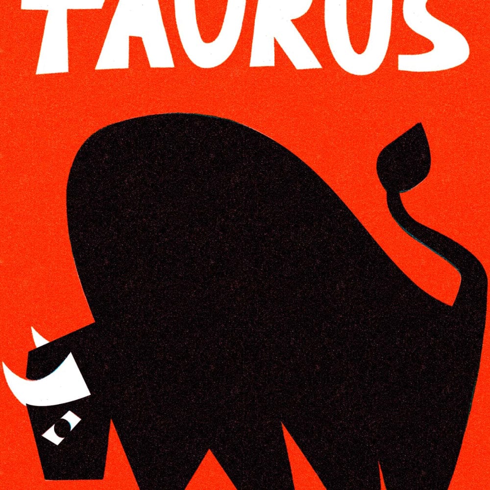 Close-up of Taurus print showing stylised bull’s head with curved white horns and red background.