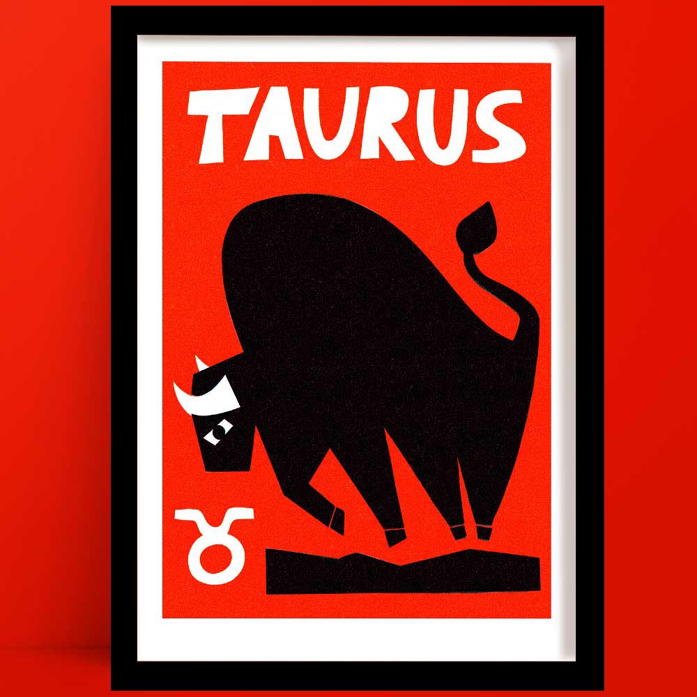 Taurus print featuring a bold black bull illustration with white horns and the Taurus symbol, framed on deep red wall.