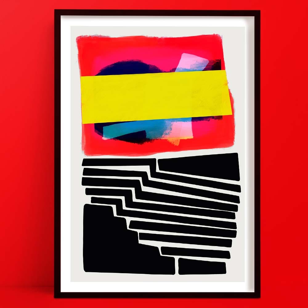 temple sunrise abstract art print featuring layered geometric shapes in vivid pink, yellow, and black with bold staircase-like lines.