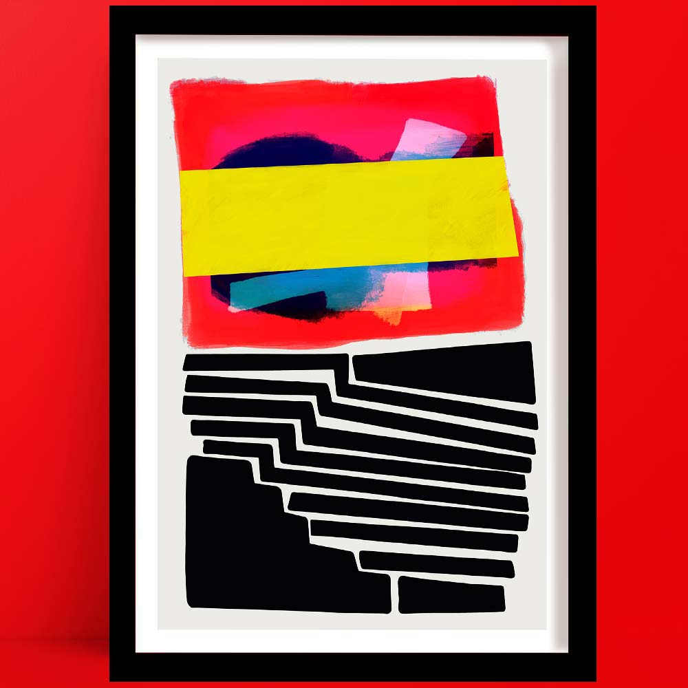 temple sunrise abstract art print featuring layered geometric shapes in vivid pink, yellow, and black with bold staircase-like lines.