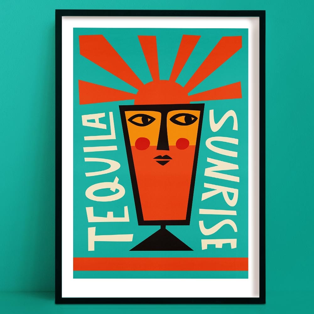Tequila Sunrise print with bold face illustration and radiant red-orange sunbeams on teal background