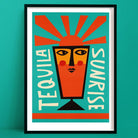 Tequila Sunrise print with bold face illustration and radiant red-orange sunbeams on teal background