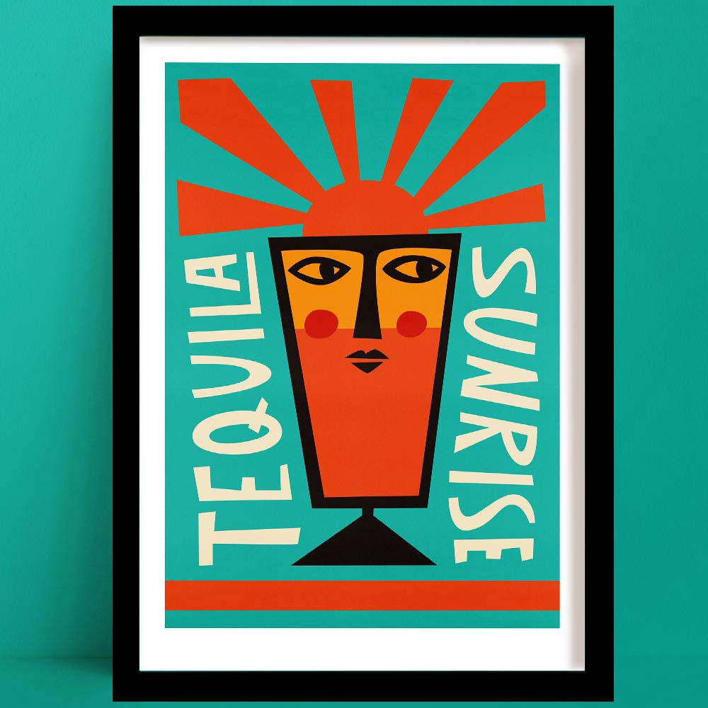 Tequila Sunrise print with bold face illustration and radiant red-orange sunbeams on teal background
