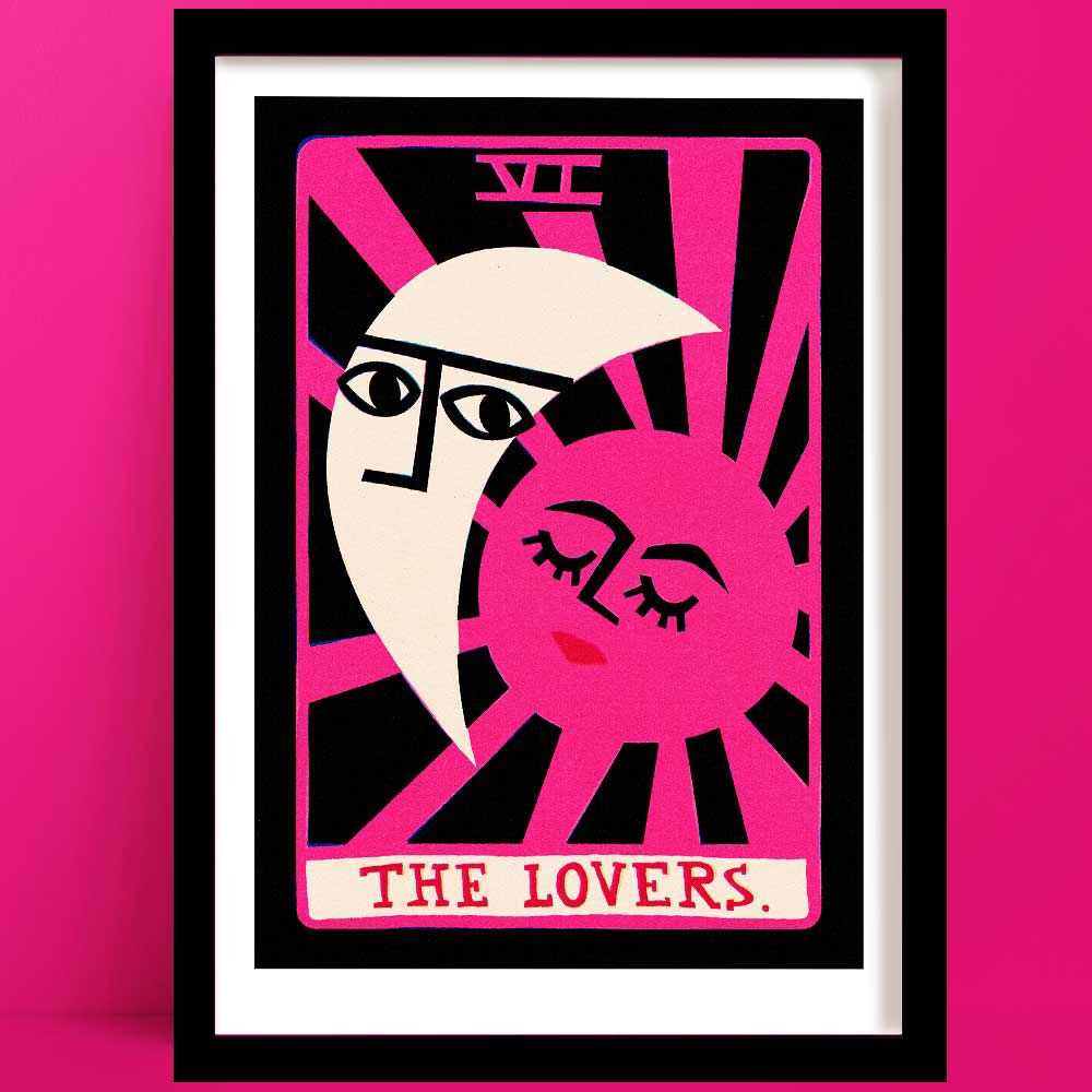 The lovers Tarot art print, a striking mid-century inspired illustration of The Lovers tarot card, featuring a crescent moon with watchful eyes and a blushing pink sun with closed lashes in a loving embrace.
