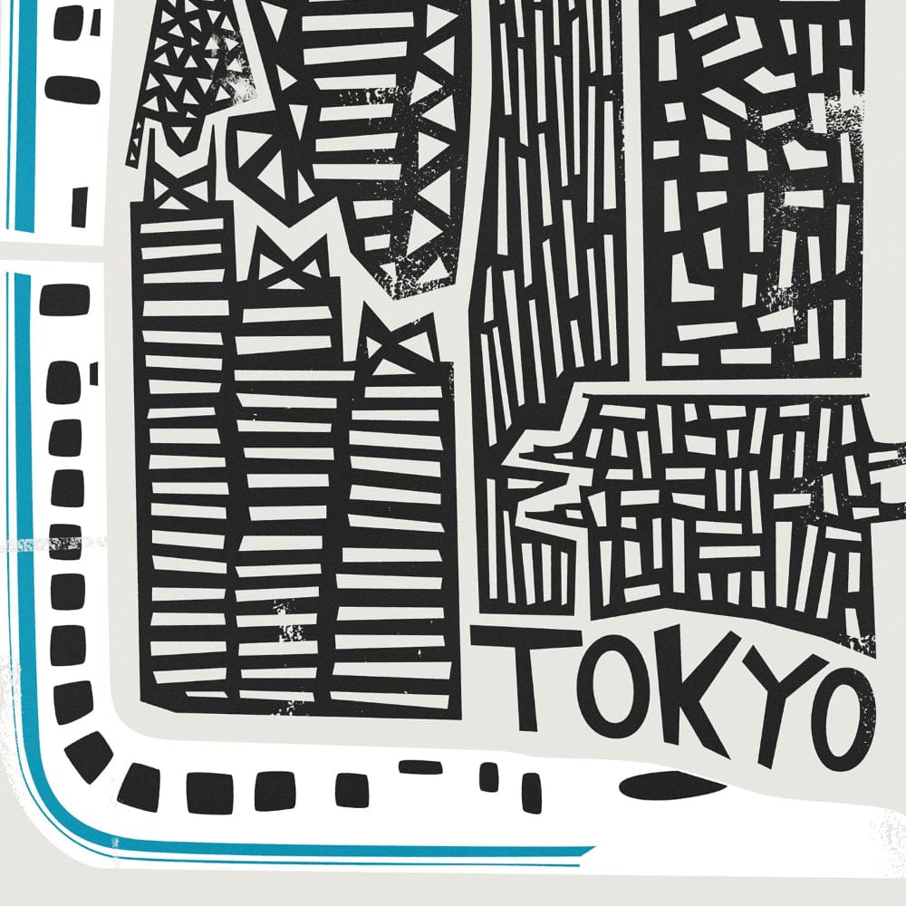 Detailed close-up of the Tokyo poster highlighting the stylised architecture and curved border mimicking a transit map or bullet train track.