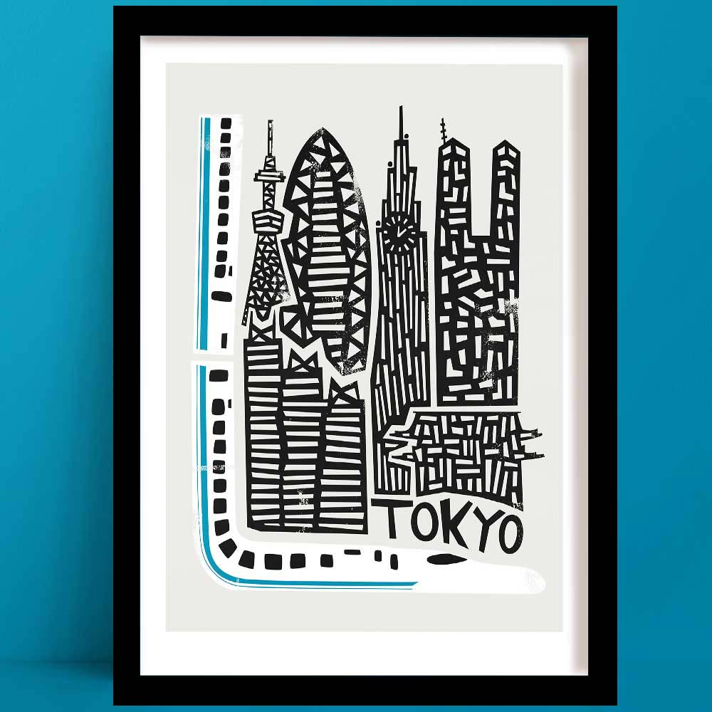 Bold illustrated Tokyo print, featuring iconic towers like Tokyo Skytree and Mode Gakuen Cocoon Tower, with a minimalist blue bullet train looping around the edge.