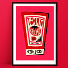 Tomato Ketchup art print featuring a red squeeze bottle with graphic face label, framed on a bright red wall.