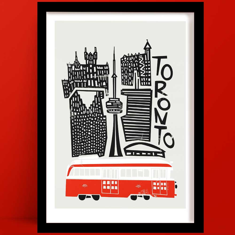 Playful Toronto print with a skyline illustration, featuring the CN Tower and classic red streetcar, rendered in a bold black and red mid-century-inspired graphic style.