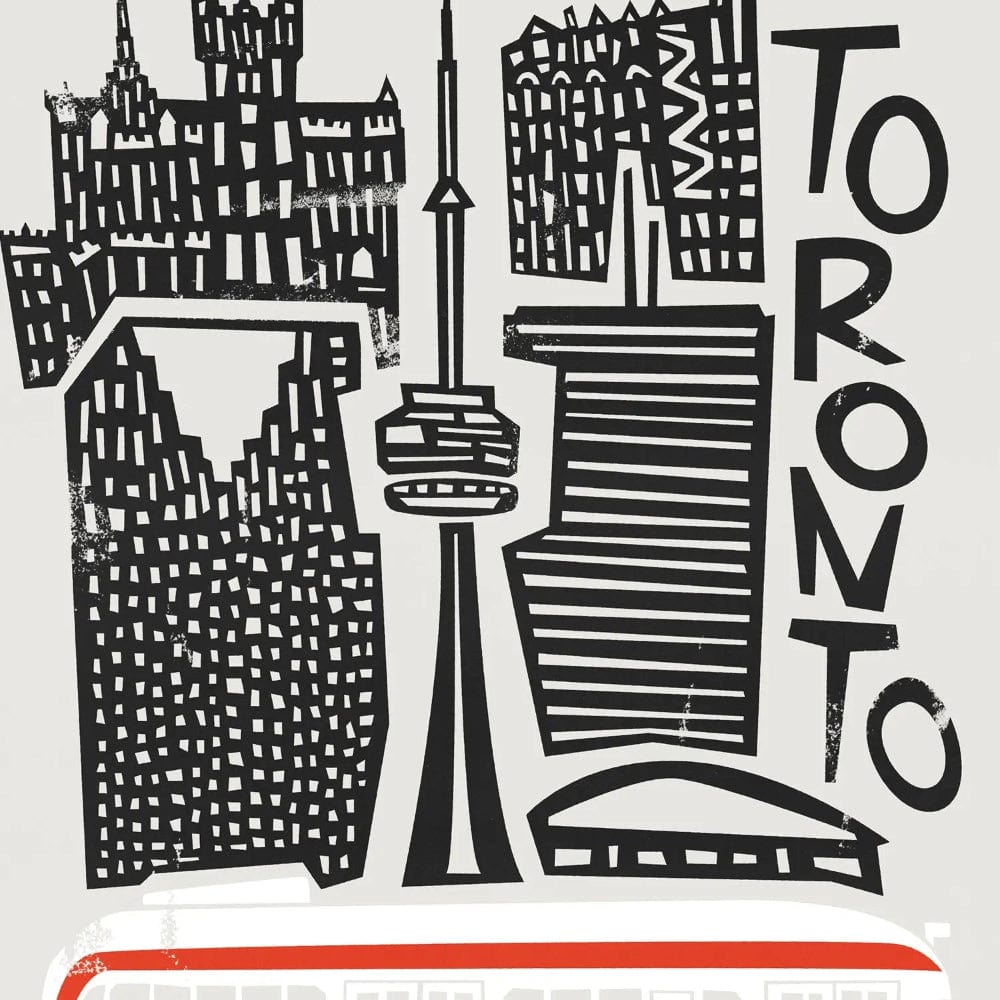 Close-up view of the Toronto print showing detailed architectural elements and the stylised red streetcar, combining contemporary and nostalgic visual cues.
