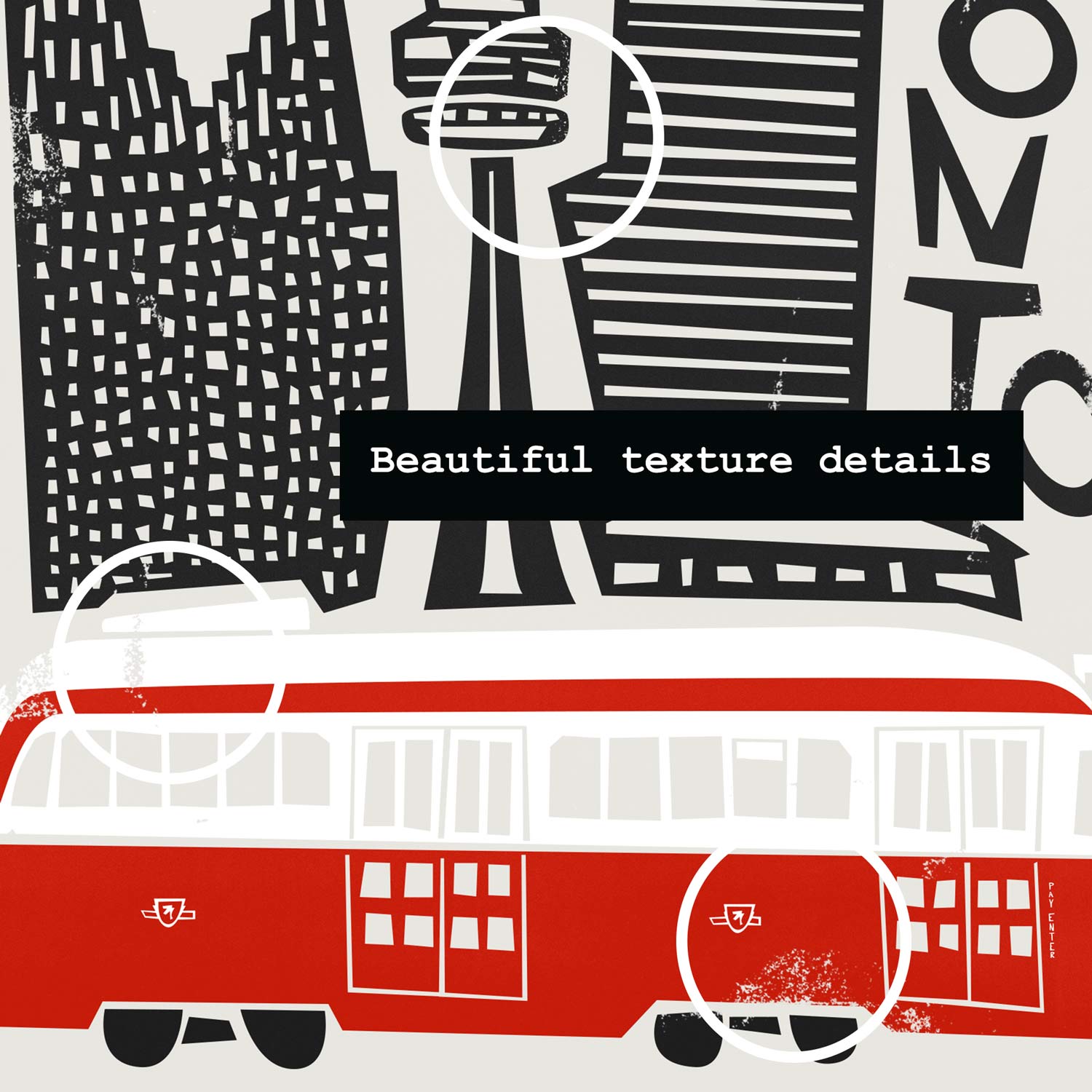 Close-up view of the Toronto print showing detailed architectural elements and the stylised red streetcar, combining contemporary and nostalgic visual cues.
