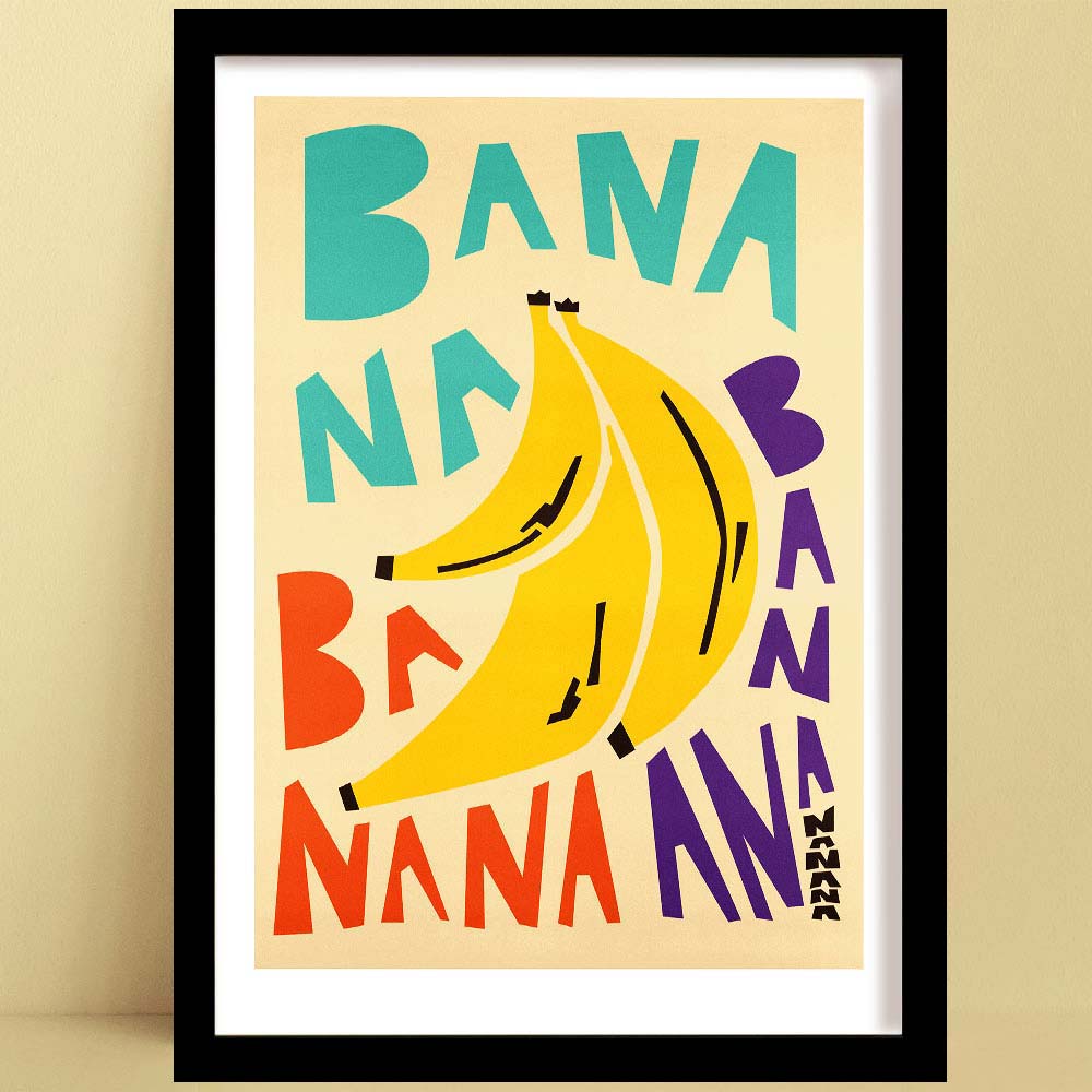 A bananas print in a Colourful style, featuring overlapping bananas and playful ‘BANANA’ typography in bold hues.