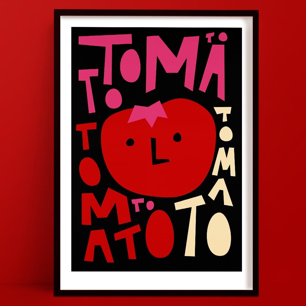 A tomato print in a Bold style, featuring a stylised tomato face with playful typography.