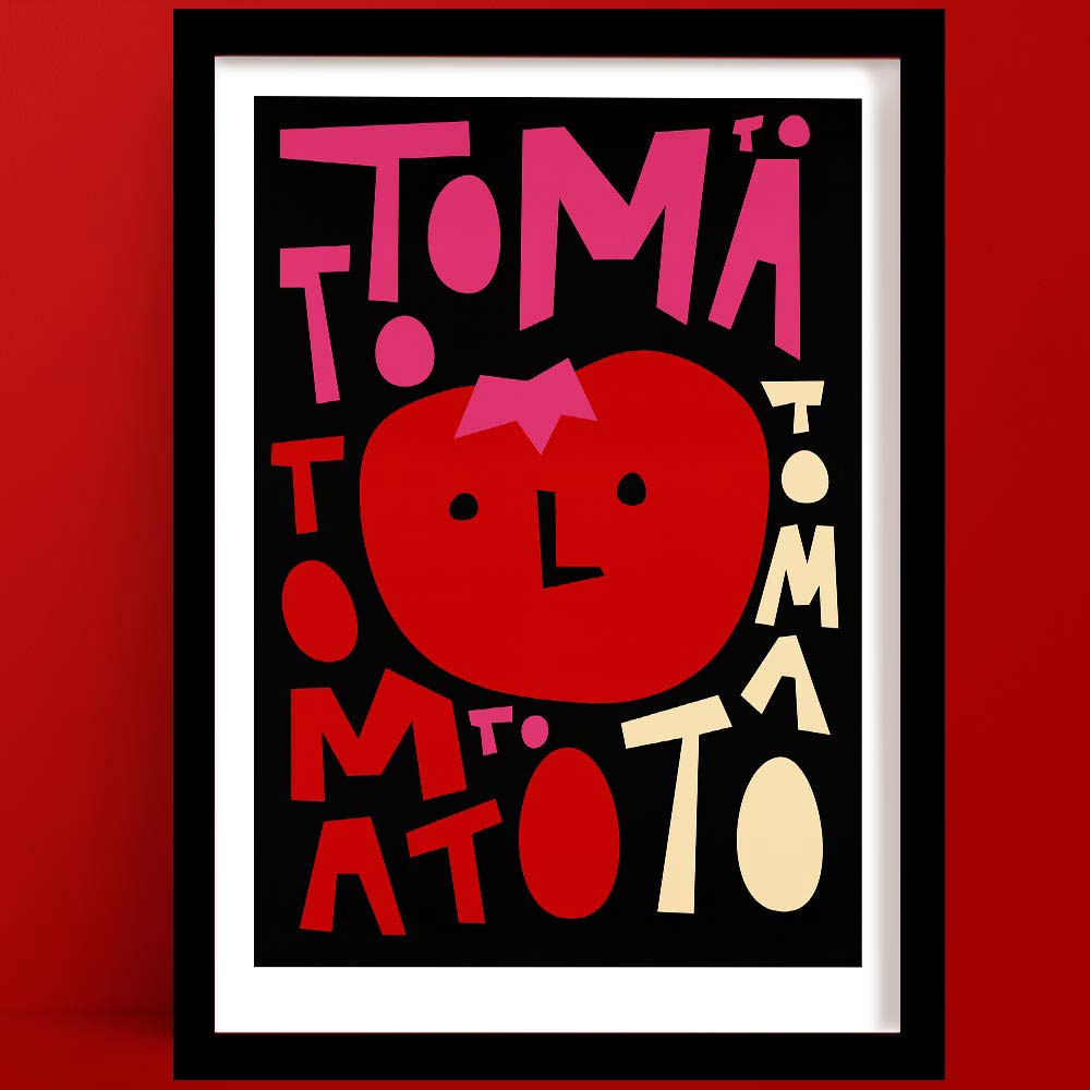 A tomato print in a Bold style, featuring a stylised tomato face with playful typography.