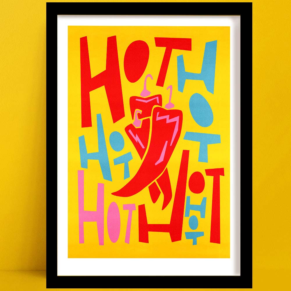 A Hot Chillis Print in Vibrant yellow, featuring bold typography and a red chilli.