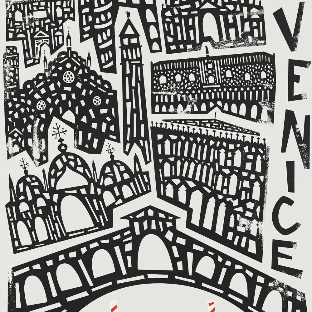Zoomed-in detail of the Venice print showing a stylised gondola under a classic Venetian bridge, surrounded by charming hand-sketched rooftops.